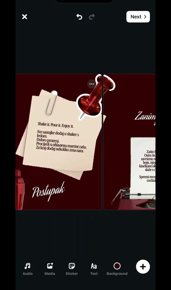 Povezani karusel u aplikaciji Edits – papirić s postupkom pripreme koktela prelazi preko ruba dvaju slajdova