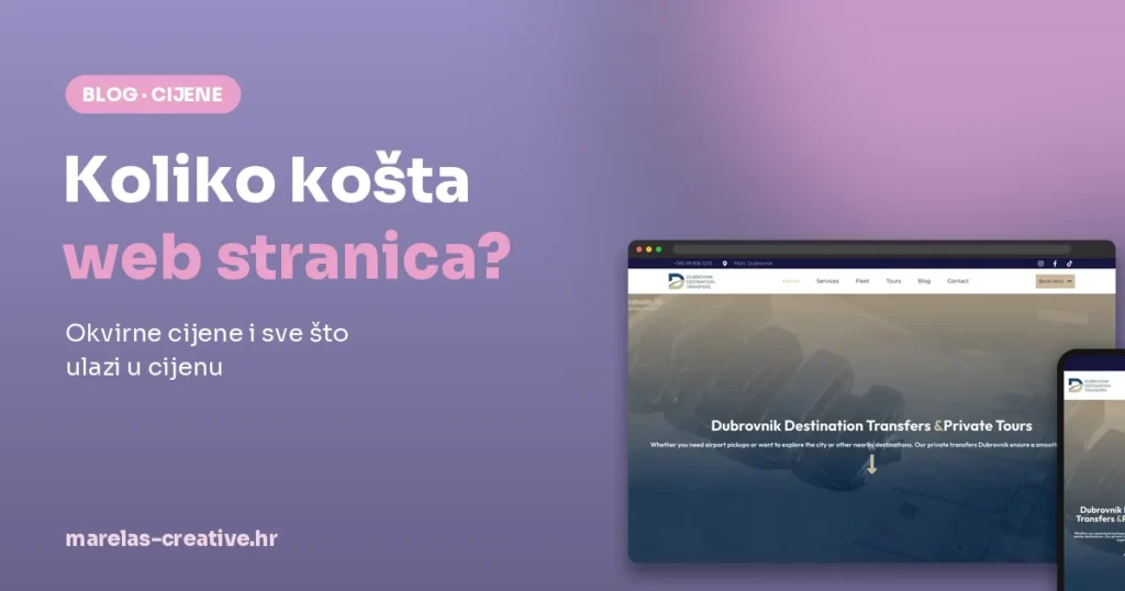 Web stranica Dubrovnik Destination Transfers prikazana na laptopu i mobitelu uz naslov Koliko košta web stranica