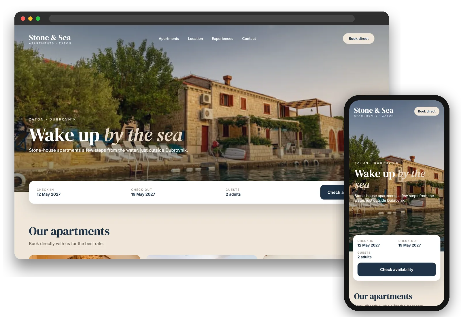 Koncept web stranice za apartmane u Zatonu kraj Dubrovnika na laptopu i mobitelu – kamena kuća uz more, tražilica termina i popis apartmana