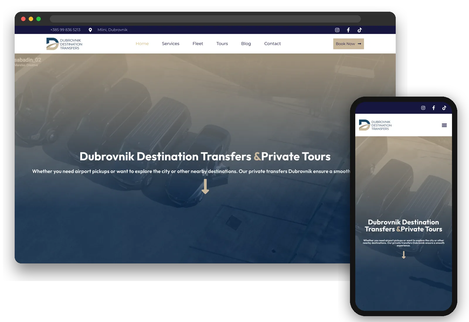 Web stranica Dubrovnik Destination Transfers na laptopu i mobitelu – naslovnica s fotografijom vozila i porukom o privatnim transferima