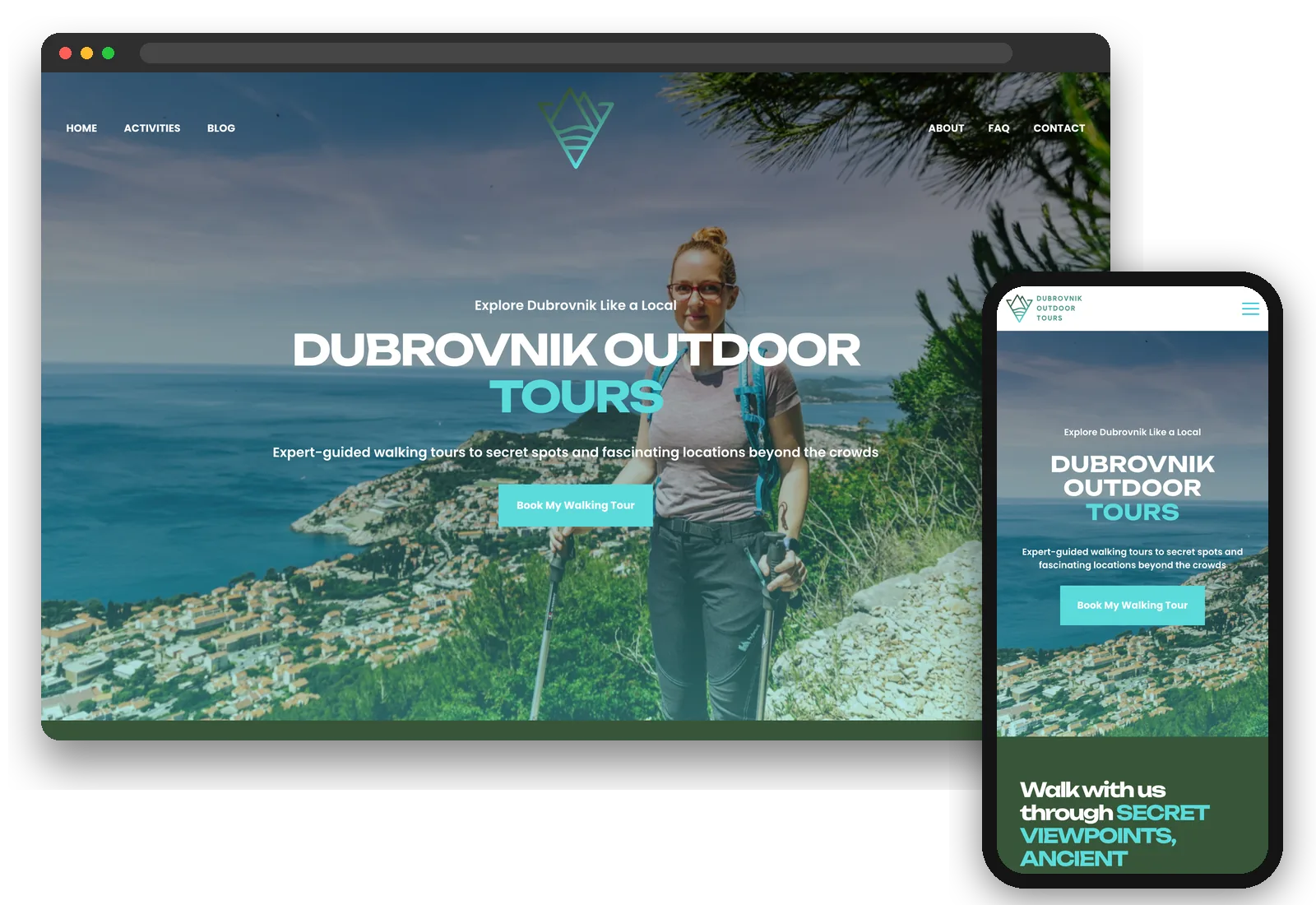 Web stranica Dubrovnik Outdoor Tours na laptopu i mobitelu – naslovnica s vodičicom na pješačkoj stazi iznad Dubrovnika